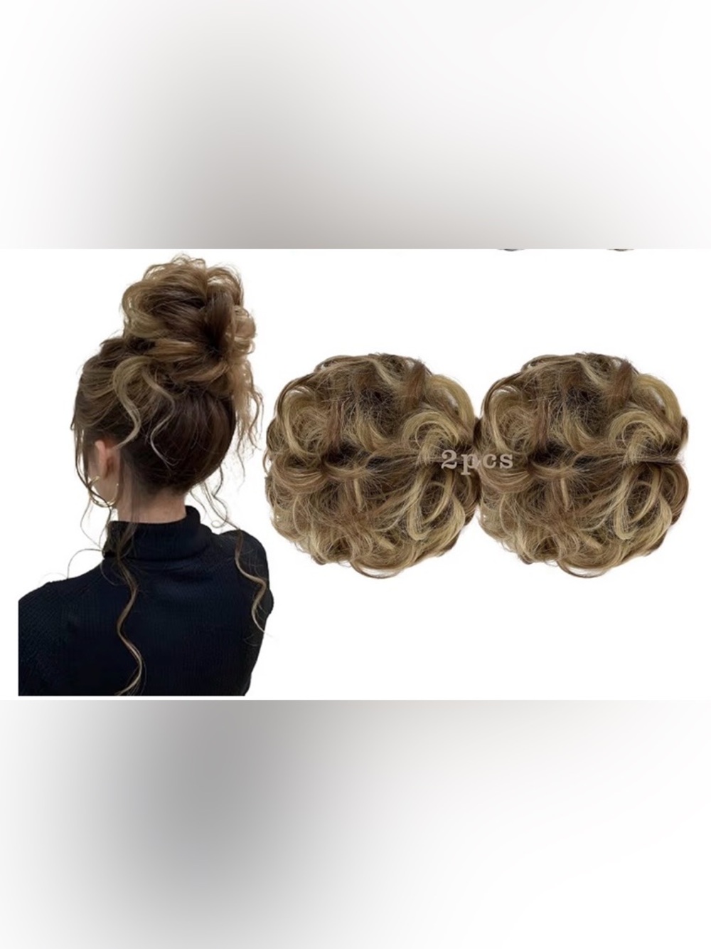 New 2 pcs Light Brown mix Ash Blonde Curly Hair Bun Scrunchie Accent